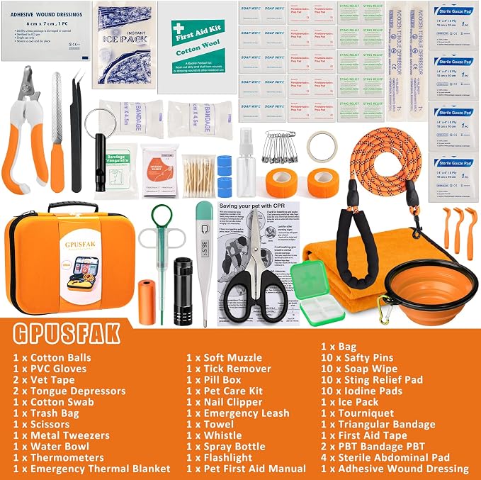 Pet First Aid Kit for Dogs - Pet Emergency Kit for Camping Hiking Traveling Hunting and Sports (Orange)