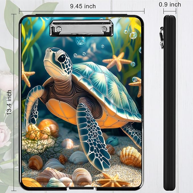 Heavy Duty Storage Clipboard, Slim Nursing Clipboard with Internal Pen Case, Portable File Organizer Case for A4 Letter Size Paper Office Medical Professionals, Sea Turtle Seaweed