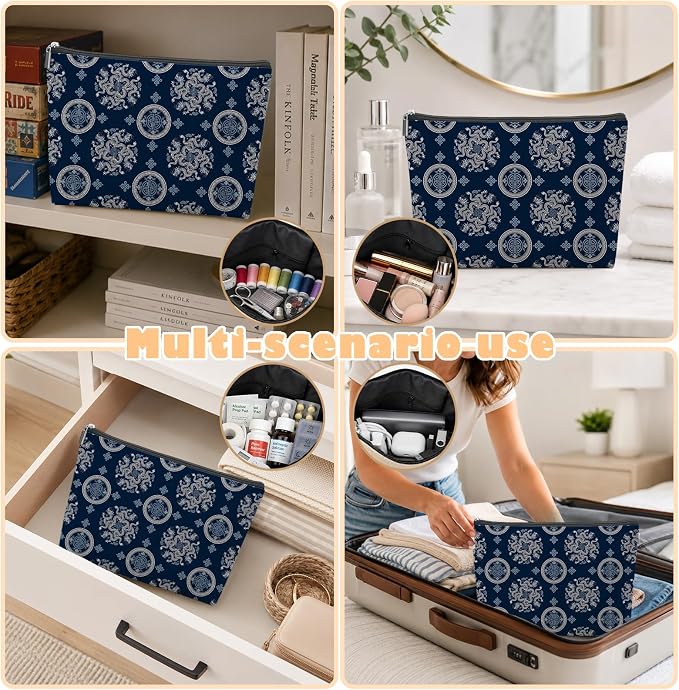 Navy Blue Chinoiserie Empty Mahjong Tile Bag 13x7.8 Inch | Traditional Dragon Portable Travel Case Organizer Zipper Pouch for American Mahjong Tiles Game Night Accessories and Gifts