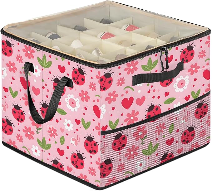TropicalLife Floral Ladybugs Shoe Organizer for Closet | Foldable Shoe Storage Box Bin 16-32 Pair Shoe Storage for Sneakers, Boots & Heels with Adjustable Dividers, Clear Cover