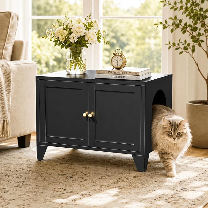 Metal Cat Litter Box Enclosure Furniture, Hidden Cat Washroom Cabinet with 2 Doors, Modern Pet Cabinet for Litter Box or Cat Bed, Dog Proof Indoor Cat House, End Table, Nightstand, Black