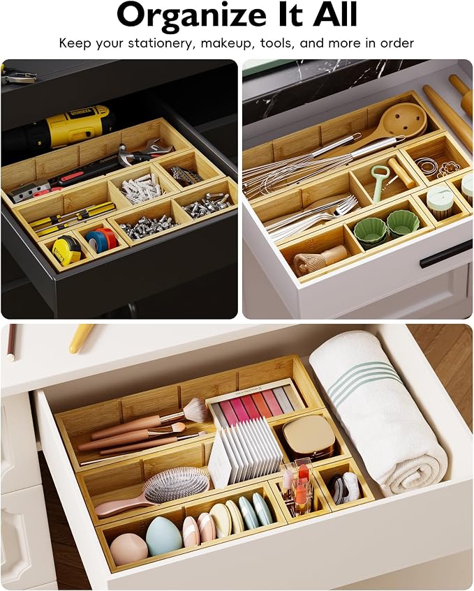 12-Piece Bamboo Drawer Organizer Set, 24 Compartments Modular Storage | Natural Bamboo, Flexible Modular Trays, Water-Resistant, Stackable Design, Adjustable, Excellent Organization, Easy to Clean