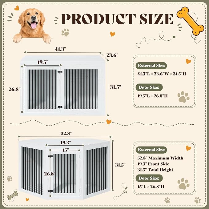 AMERLIFE Corner Dog Crate Furniture for Medium/Large Dogs Space-Saving | 3-in-1 Dog Kennel with Storage and Divider, Heavy Duty Large Cage, White