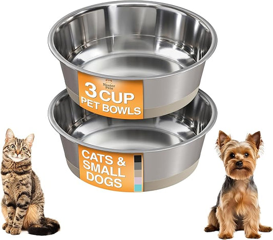 Neater Pet Brands Stainless Steel Dog Bowls with Non-Slip Rubber Bottom – 3 Cup (24 oz), Tan - Set of 2 Heavy Duty Metal Dog Bowls, Dishwasher Safe, Food or Water Bowl, Ideal for Small to Medium Dogs