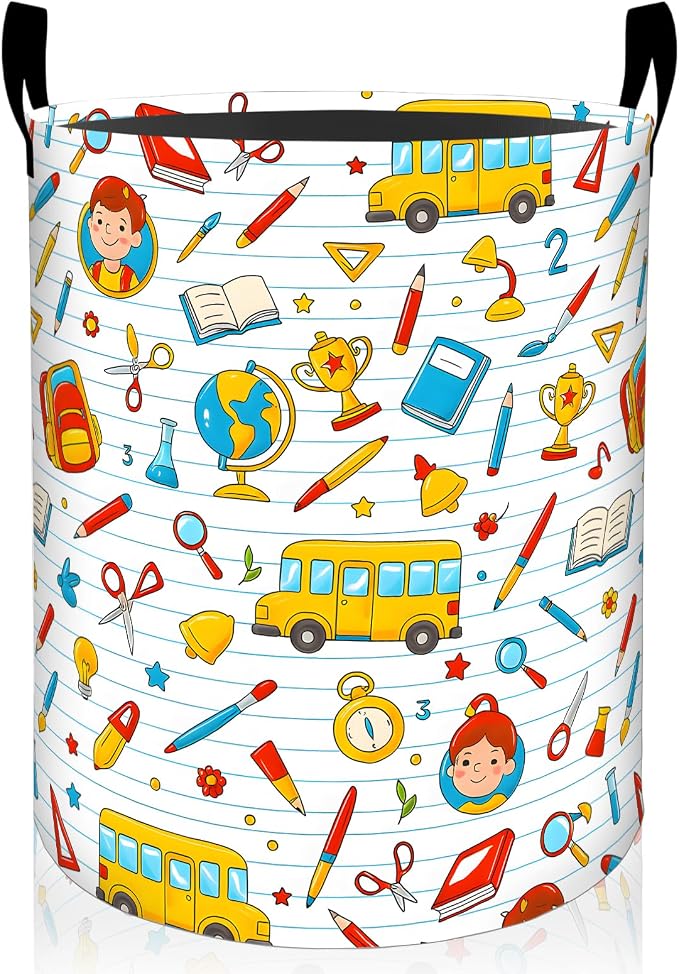 Study Supply Laundry Basket, Cute Cartoon Foldable Oxford Cloth, Waterproof Dirty Clothes Hamper with Handles, Clothing Storage Bin Toy Organizer for Bedroom Dorm Bathroom, 19.7"x15.7"