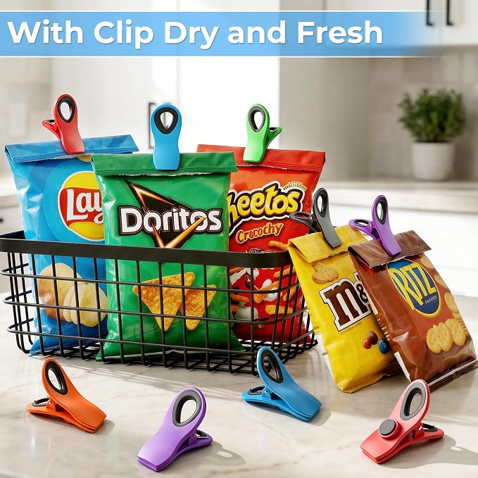 12 Pack Chip Clips, Bag Clips for Food, Magnetic Sealers for Chips and Other Food, Plastic Bag Clip for Kitchen, Fridge, Clothes, Sewing and Artwork (Multi-Color)