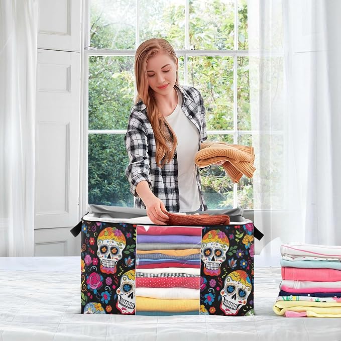 Day Of The Dead Skull Flower Clothes Storage Bag Bins 2 Pack Foldable Storage Containers Large Closet Organizer with Zipper Under Bed Storage for Bed Sheets Comforters Clothing 60L