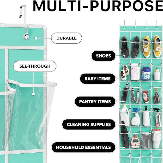 Simple Houseware 24 Pockets Clear Over the Door Shoe Organizer, Turquoise | 64" x 19", 4 Durable Metal Hooks, 4.3" x 9.5" Pocket Size, Multipurpose