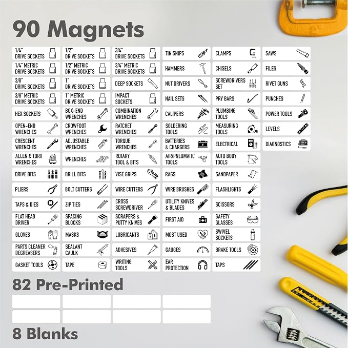 90 PCS Magnetic Toolbox Labels, 82 Pre-Printed & 8 Blanks Large Size Tool Chest Organizer Labels Strong Magnetic & Easy to Read Printing Fits All Brands of Steel Tool Box Drawers (White, 3.5” x 1”)