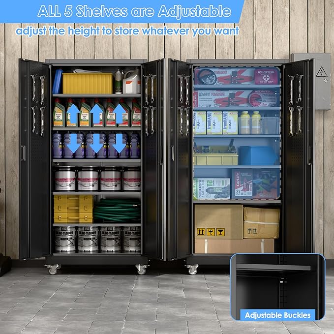Reemoon Metal Storage Cabinet with Wheels and Pegboard, 71 in, Black | 18 in deep steel cabinet with 5 adjustable shelves, door pegboard, lock, and 4 casters.Required assembly