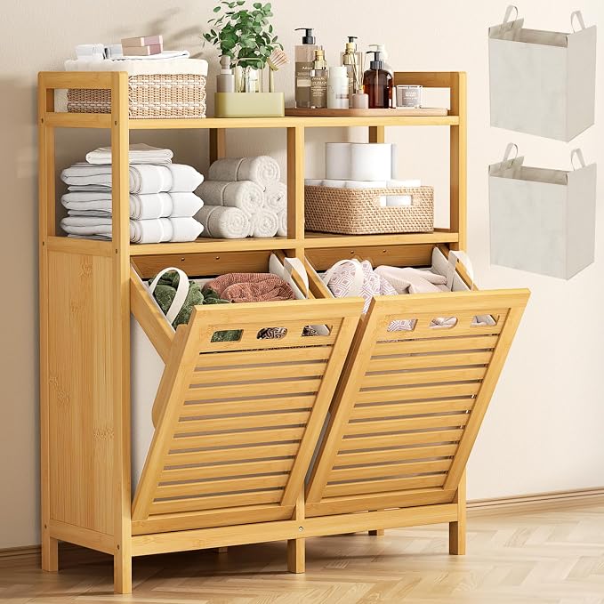 Homykic Tilt Out Laundry Hamper Cabinet, Bamboo Laundry Basket Organizer | 20 Gal Laundry Sorter with 2 Removable Liner Bags, Hidden Clothes Hamper with Shelf for Laundry Room, Bathroom, Closet