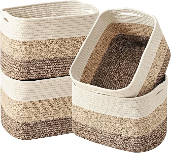 ICERZCZ Storage Baskets for Organizing & Shelves, Woven Cotton Rope Organization Bins for Dog Toys, Clothes, Books, Nursery Organizer, 15"Lx11"Wx9.5"H, (4 Packs) Gradient Brown