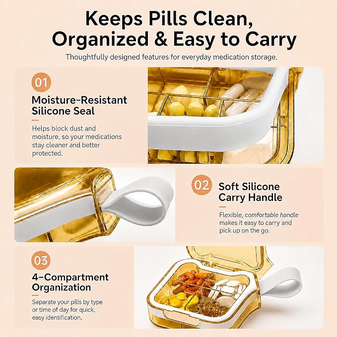 Travel Pill Organizer with Silicone Carry Loop, Small Pill Case | 4 Compartments Compact Pill Box for Vitamins Supplements Daily Medications, Purse Backpack Office