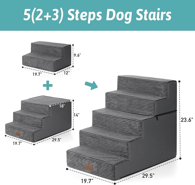 COZY KISS Dog Stairs for Small Dogs, 5 Step Pet Stairs for Beds & Couches | 23.6" H Wide Non-Slip Dog Steps with Removable Tiers & Support Board for Puppies, Older Cats & Dogs, Dark Grey