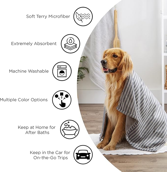 Bone Dry Pet Grooming Towel Collection Embroidered Absorbent Microfiber Drying Set, 15x30, Black, 3 Count