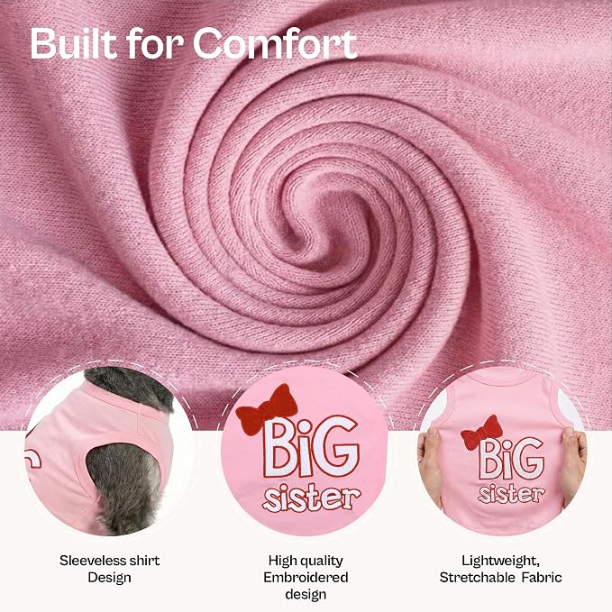 Parisian Pet Dog Shirt – 100% Cotton Shirts for Small Dogs – Pink Sleeveless Puppy Clothes – Lightweight and Breathable Dog Apparel – Girl Big Sister Dogs Clothes - Stretchy Pet T Shirts