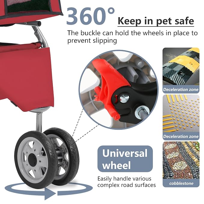 FDW Pet Stroller 3-Wheel Durable Foldable Cat Dog Stroller with Washable Liner Storage Basket Cup Holder,Red