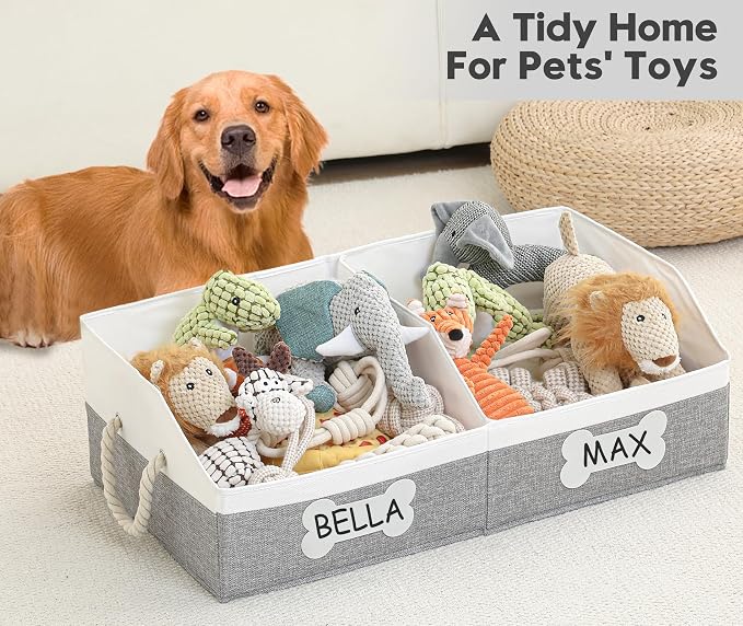 Large Dog Toy Basket, Foldable Dog Toy Bin with Removable Divider & 2 Tags | 61L Dog Toy Capacity, 2-Zone Sorting, Low-Front Pet Access, DIY Tags & Marker, Reinforced Structure, Trapezoid Dog Toy Box