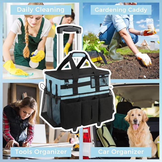 SCAVATA Rolling Cleaning Caddy Bag with Detachable Trolley, Large Cleaning Supplies Organizer with Wheels, Multi Pocket Cleaning Cart with Adjustable Shoulder Strap for Housekeepers & Home, SkyBlue