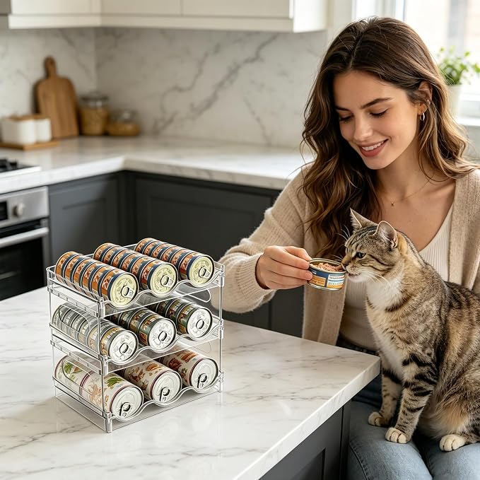 RETON Acrylic Cat Food Can Organizer for Pantry, 3 Tier Clear Pet Can Storage Rack, Canned Cat Food Dispenser Container Holds 54 (3.5oz) Cans for Kitchen Countertop Cabinet