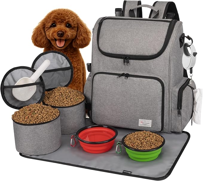 Modoker Multi-Compartment Dog Travel Backpack for Pet Supplies, Grey | Dog Travel Accessories Organizer with 2 Food Bags, 2 Bowls, Quick-Access Pockets, Tissue Opening, Luggage Sleeve, Feeding Mat
