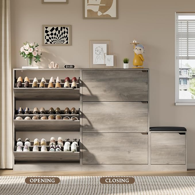 BORNOON Shoe Cabinet with Bench and 3 Flip Drawers, Slim Narrow Shoe Storage Cabinet, Freestanding Shoe Rack Organizer with Adjustable & Removable Shelves, Anti-Tip for Entryway, Hallway, Foyer