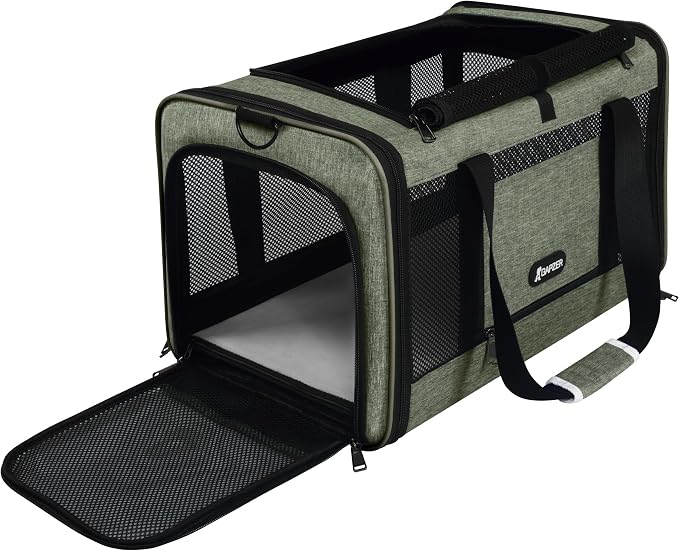 GAPZER Medium Cat Carrier Bag Lightweight, Soft-Sided Small Pet Carry Crate | 18 x 11 x 11 Light Weight Yorkie Kennel up to 15 lbs for Indoor House, Top Entry Bunny Canvas Bag Vet Visit Easy Clean Olive
