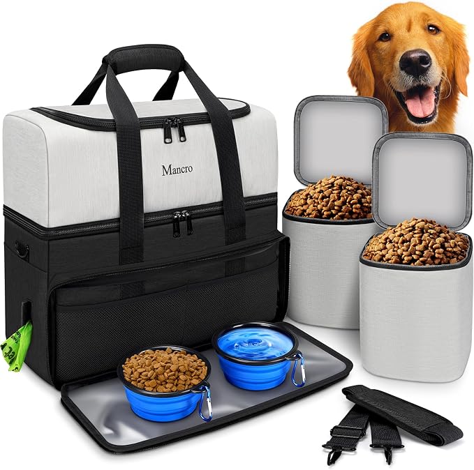 Mancro Dual Layers Dog Travel Bag, Dog Mom Gifts, Road Trip Essentials | Pet Travel Bags with 2 Extra Large Food Containers, 2 Collapsible Dog Bowls, Multi-Pockets Tote Organizer for Pet Supplies