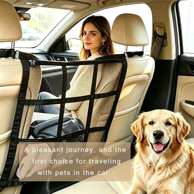 Car Seat Pet Barrier Mesh Organizer Storage Pocket Adjustable Strap | 58×58CM Backseat Pet Divider with Storage Pocket Dog Barrier for Front Seats Auto Back Seat Net for Pet Safety & Car Storage