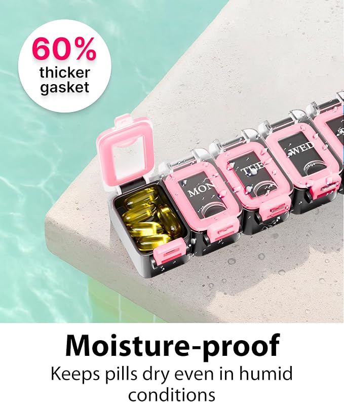 Weekly Pill Organizer 1 time a Day – Pill Box 7 Day with Enhanced Waterproof Seal, Large compartments Hold Big Vitamins & Supplements, Upgraded Locking lids, for Home & Travel use, Durable Hard case