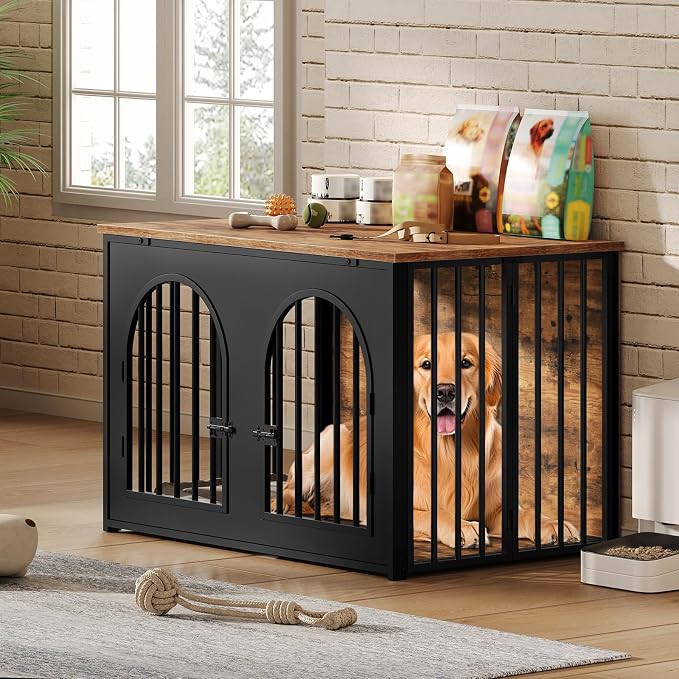 YATINEY 37.4" Dog Crate Furniture Foldable, Assembly-Free Dog Kennel | Arched Design, Collapsible Dog Crate, Dog Cage End Table, with Secure Door Lock, for Living Room, Hallway, Bedroom