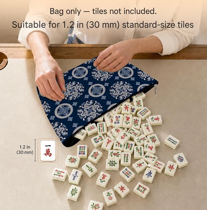 Navy Blue Chinoiserie Empty Mahjong Tile Bag 13x7.8 Inch | Traditional Dragon Portable Travel Case Organizer Zipper Pouch for American Mahjong Tiles Game Night Accessories and Gifts
