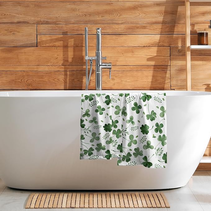 Giwawa St Patrick Day Hand Towel Set of 2 Sage Green Clovers Shamrock Towel Spring Summer Eucalyptus Leaves Face Towel Quick Drying Dish Wash Cloth for Hotel Bathroom Gym Home Holiday