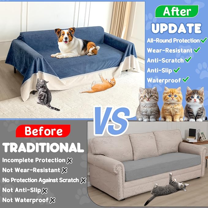 Loiion Cat Scratch Proof Furniture Protector Waterproof Sofa Cover 150"x91" | Pet-Friendly Couch Protector, Anti-Scratch & Anti-Slip Sofa Cover For Cats Dogs Kids, Machine Washable