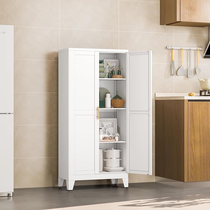White Kitchen Pantry Cabinets, 48" Metal Storage Cabinet for Office | Steel Kitchen Pantry Storage with Doors and 3 Adjustable Shelves, for Office, Home, Garage, School