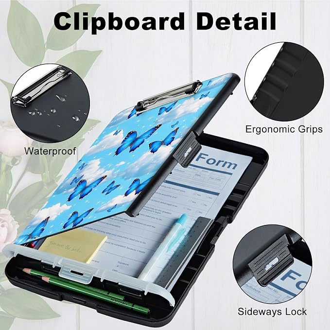 A4 Clipboard with Storage Pen Holder, Clipboards Organizer Nursing Clipboard Foldable File Folder Plastic Clipboard Folio Clip Board for Office Classroom Doctor, Blue Butterfly White Cloud