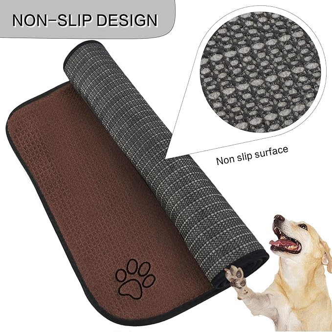 SINLAND Microfiber Extra-Large Pet Food Mat Dish Drying Mat Dog Feeding Mats Pet Bowl Mat with Anti-Skid Backing 21 Inch x 32 Inch Brown