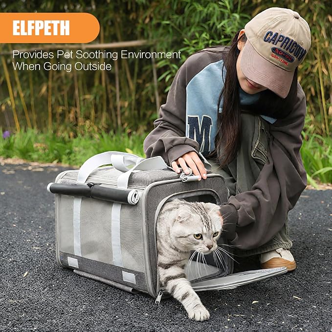 Pet Carrier with Wheels - Soft-Side Wheeled Cat Carrier for Dogs with Telescopic Handle, Collapsible Rolling Pet Travel Bag Carrier for Large Cats Small Medium Dogs for Camping Vet Visiting Grey