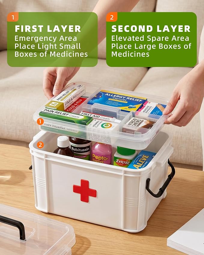2 Pack Clear Medicine Storage Box with Removable Tray, Large & Small Size Thickened Empty First Aid Box with Carry Handle, Multipurpose Portable Medication Organizer for Home Travel Car Camping