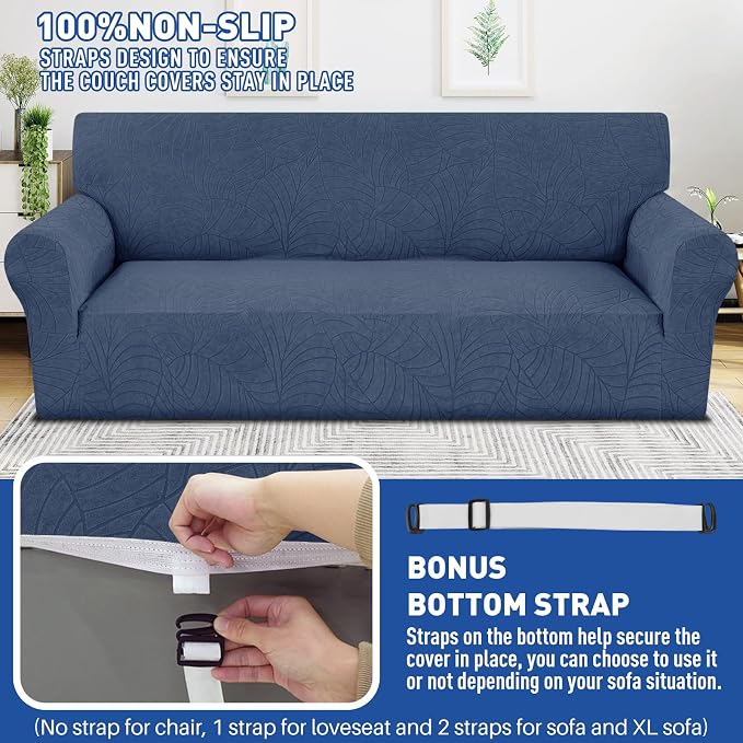 YEMYHOM Couch Cover Latest Jacquard Design High Stretch Sofa Chair Covers for Living Room, Pet Dog Cat Proof Armchair Slipcover Non Slip Magic Elastic Furniture Protector (Small, Begonia Leaf Navy)