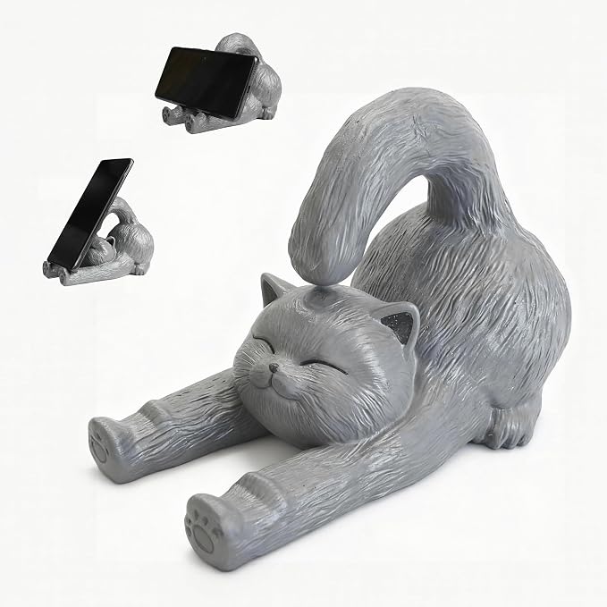 Cute Gray Feline Phone Stand for Desk, Stable Cell Phone & iPad Holder, Charming Desk Accessories for Cat Enthusiasts, Graduation for Women Teens Pet Owners