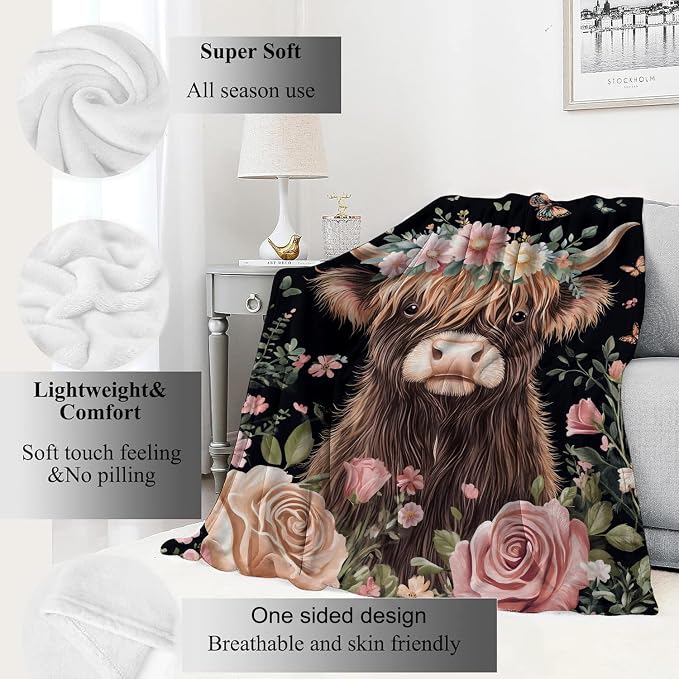 Highland Cow Blanket Cute Cattle with Floral Crown Throw Blankets,Gifts for Kids Adult Women Men,Lightweight Soft Fleece,Nature Lovers,Sofa Couch Bed Room Modern Rustic Decor 50x60in
