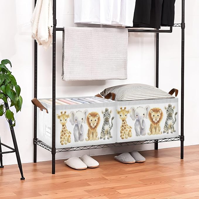 Watercolor Jungle Animal Cute Wildlife Storage Basket for Baby with Handles&Label Rectangular Waterproof Nursery Storage Bins Collapsible Organizer Baskets for Kids Cloth Gift Toys Laundry Shelf, 2 PC