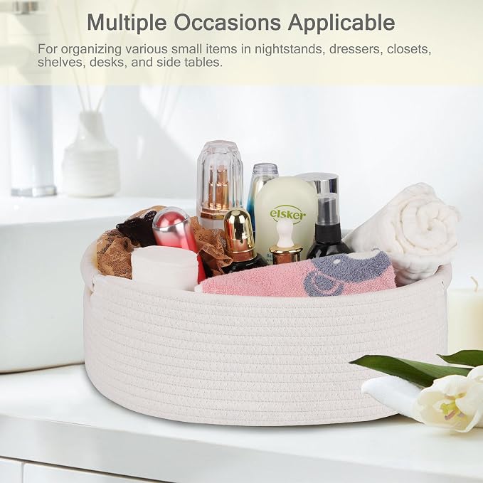 Small Woven Gift Basket with Bag & Ribbons, White | Cotton Rope, 13”x 9”x 5.5”, Fits for Kids, Women & Men, Bedroom, Living Room, Nursery & Bathroom Storage, Cat & Dog Toy Boxes