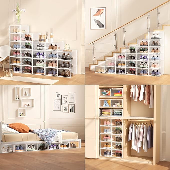 12 Pack Large Stackable Clear Plastic Shoe Storage Boxes Organizer, White | Easy to Assemble and Stack, Fit Size 9, Ventilated Dust-Proof, For Sneaker, Closet, Entryway, Under Bed, Replace Shoe Rack