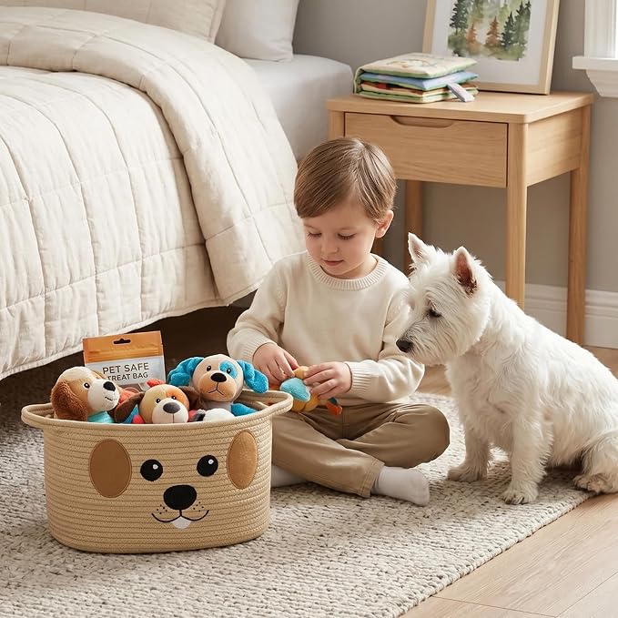 Woven Dog Toy Basket, Cute Dog Toy Bin with Embroidered Face, Soft Cotton Rope Puppy Storage Box Holder for Living Room, Decorative Pet Stuff Organizer, Puppy Room Decor Basket, 15"x11"x9"