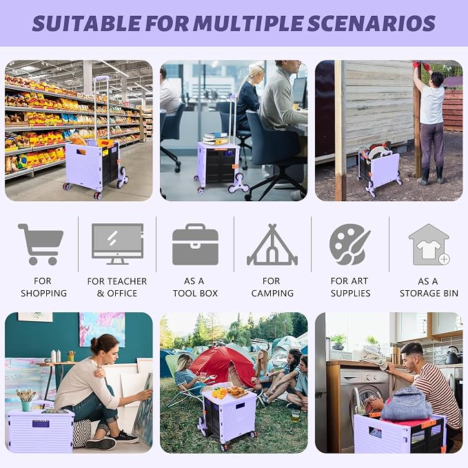FELICON SELORSS Folding Utility Climber Cart Portable Rolling Crate-Purple | Stair Climbing Wheels+360°Swivel Wheels,Telescoping Handle,Plastic Box Dolly for Travel Shop Move Laundry Office Teacher Use