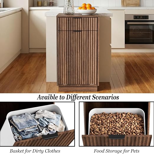 10 Gallon Tilt Out Trash Can Cabinet,Fluted Tilt Out Laundry Hamper Cabinet with Drawer,Wooden Trash can for Kitchen and Living Rooms