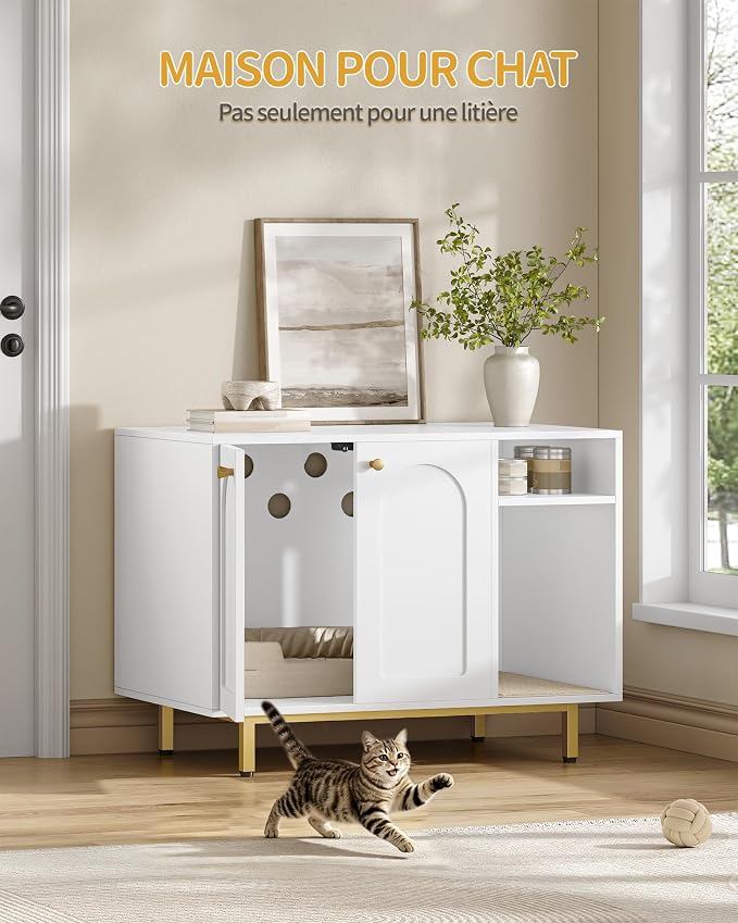 Hzuaneri Cat Litter Box Enclosure, Hidden Litter Box Furniture with Storage | Large Wooden Cabinet with Sisal Mat, Modern Cat Washroom for Living Room, Bedroom, Entryway, White and Gold 01503GCLB