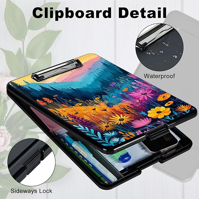 Heavy Duty Storage Clipboard, Slim Nursing Clipboard with Internal Pen Case, Portable File Organizer Case for A4 Letter Size Paper Office Medical Professionals, Mountain Wildflowers